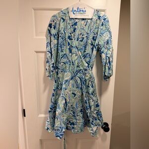 J. McLaughlin Leafy Blue and Green 3/4 Sleeve Wrap Midi Dress